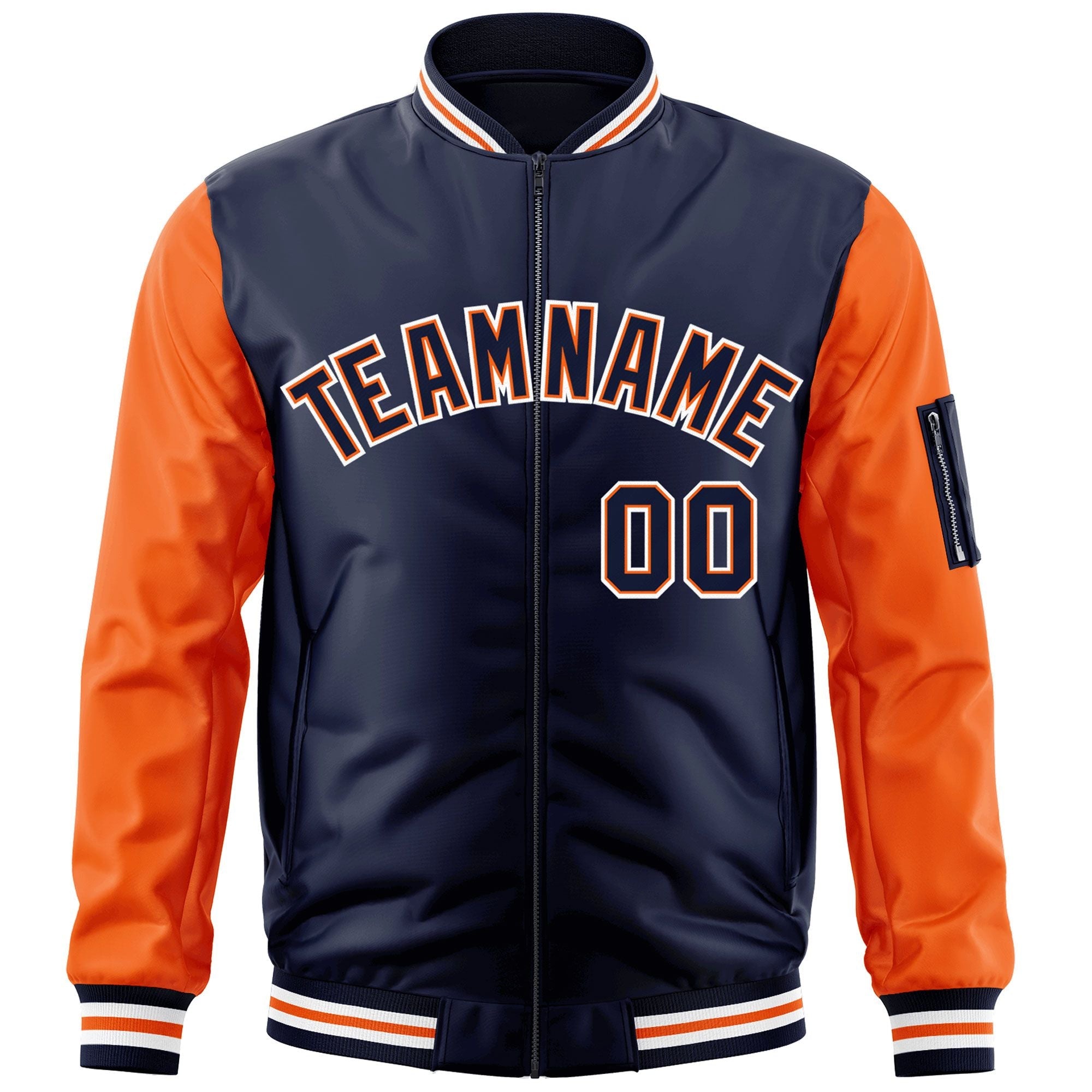 Custom Navy Orange-White Varsity Full-Zip Raglan Sleeves Letterman Bomber Jacket