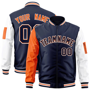 Custom Navy Orange-White Varsity Full-Zip Raglan Sleeves Letterman Bomber Jacket