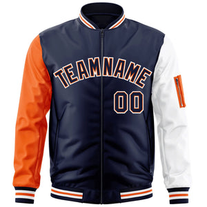 Custom Navy Orange-White Varsity Full-Zip Raglan Sleeves Letterman Bomber Jacket