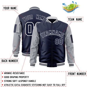 Custom Navy Gray-White Varsity Full-Zip Raglan Sleeves Letterman Bomber Jacket