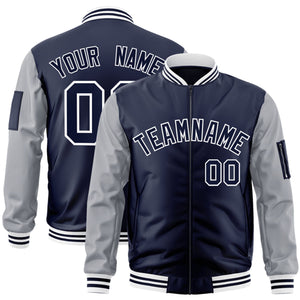 Custom Navy Gray-White Varsity Full-Zip Raglan Sleeves Letterman Bomber Jacket