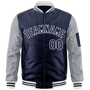 Custom Navy Gray-White Varsity Full-Zip Raglan Sleeves Letterman Bomber Jacket