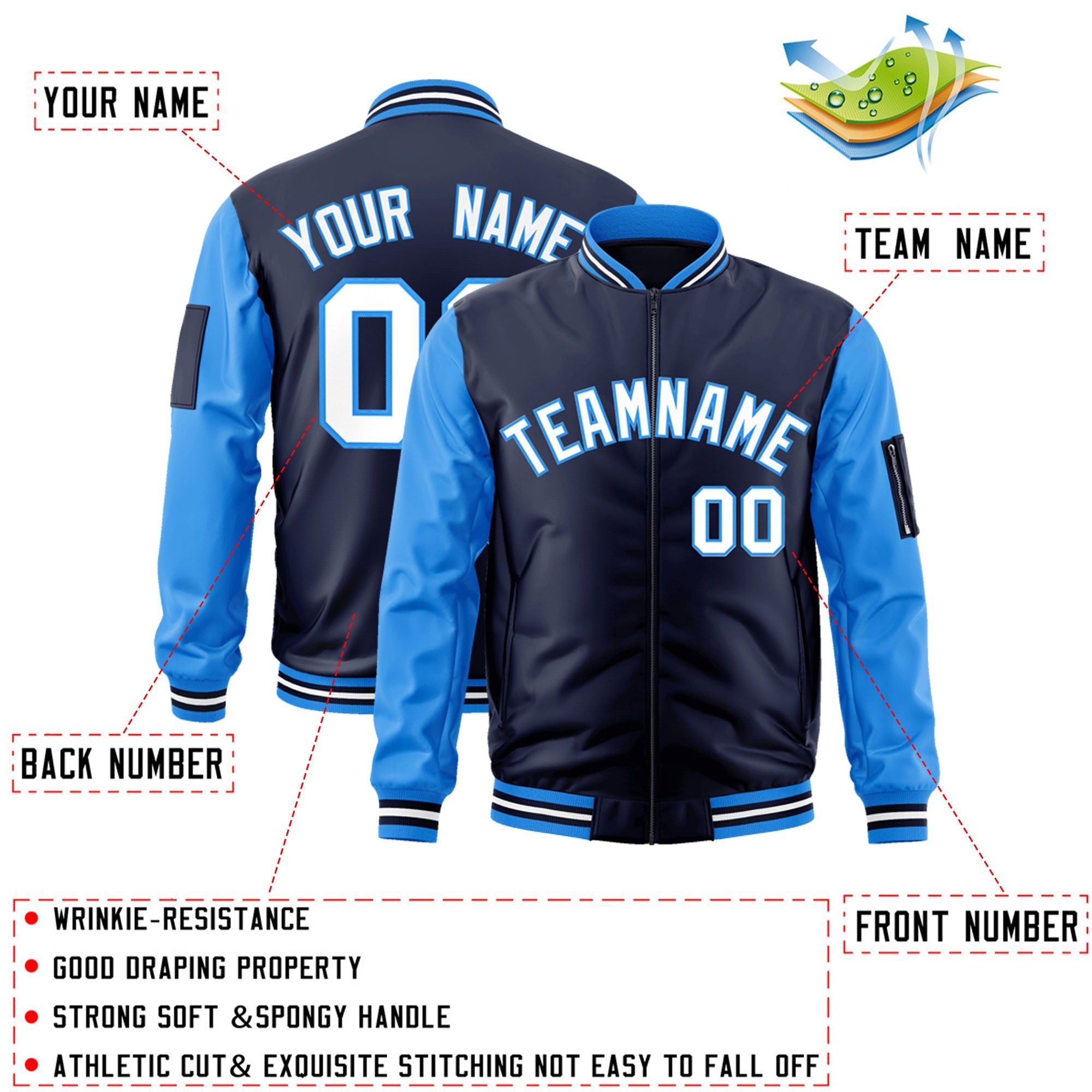 Custom Navy Powder Blue-White Varsity Full-Zip Raglan Sleeves Letterman Bomber Jacket