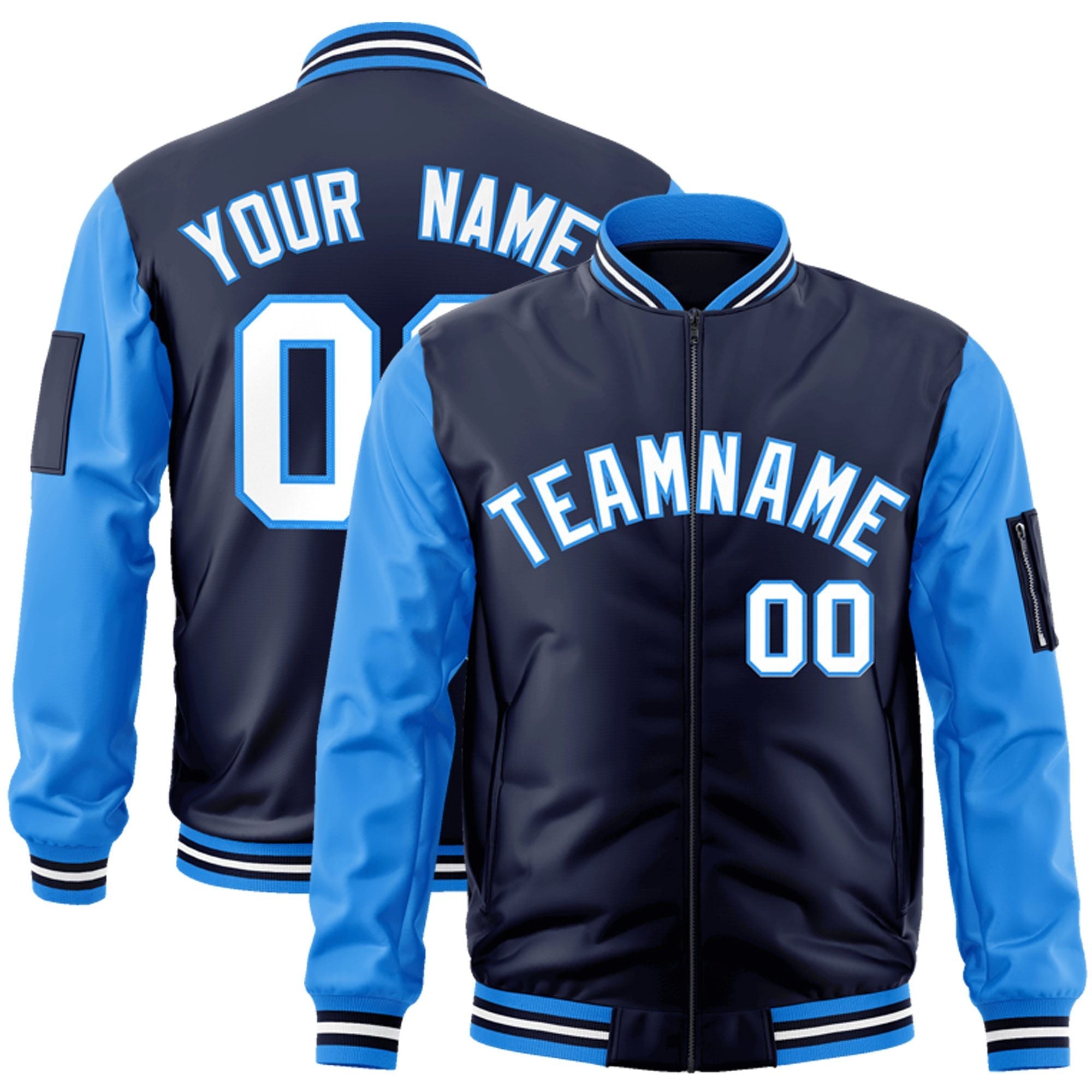 Custom Navy Powder Blue-White Varsity Full-Zip Raglan Sleeves Letterman Bomber Jacket