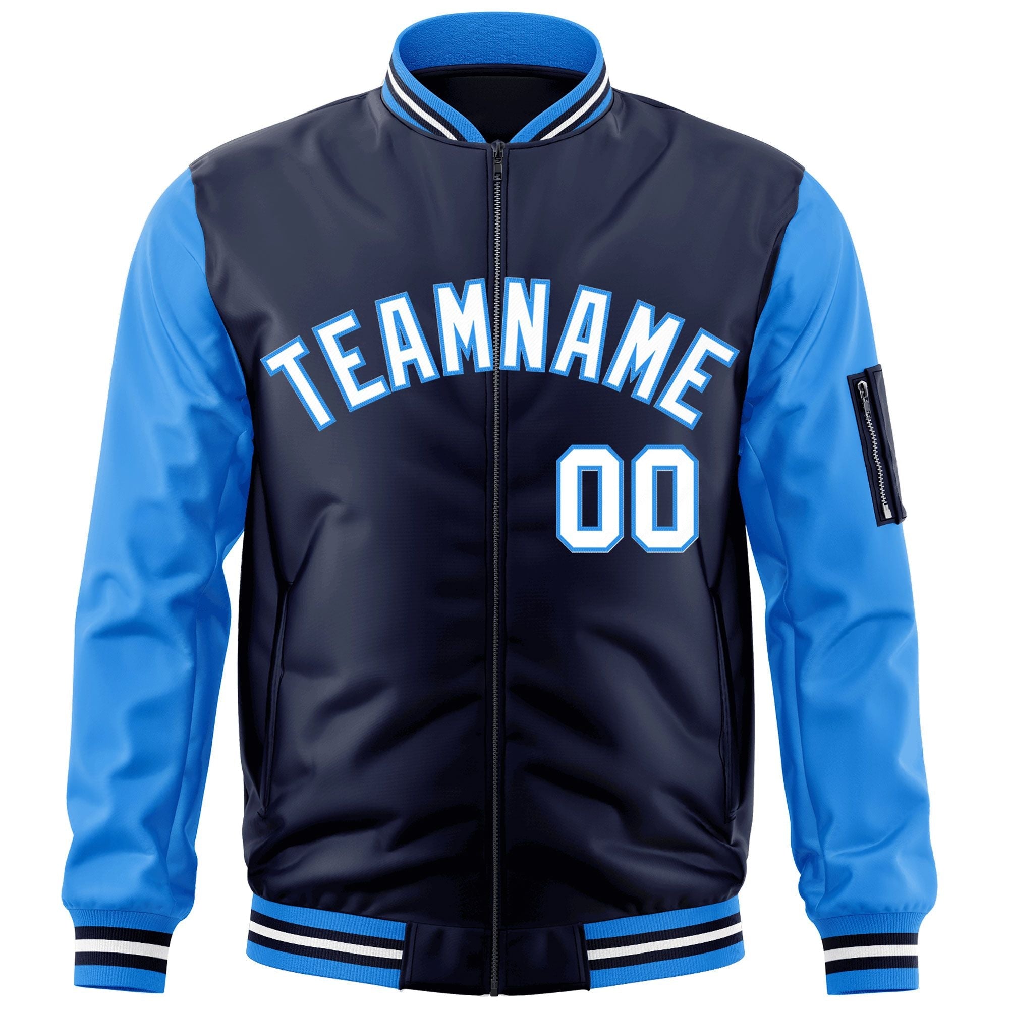 Custom Navy Powder Blue-White Varsity Full-Zip Raglan Sleeves Letterman Bomber Jacket