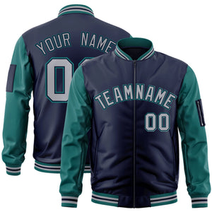 Custom Navy Gray-Aqua Varsity Full-Zip Raglan Sleeves Letterman Bomber Jacket