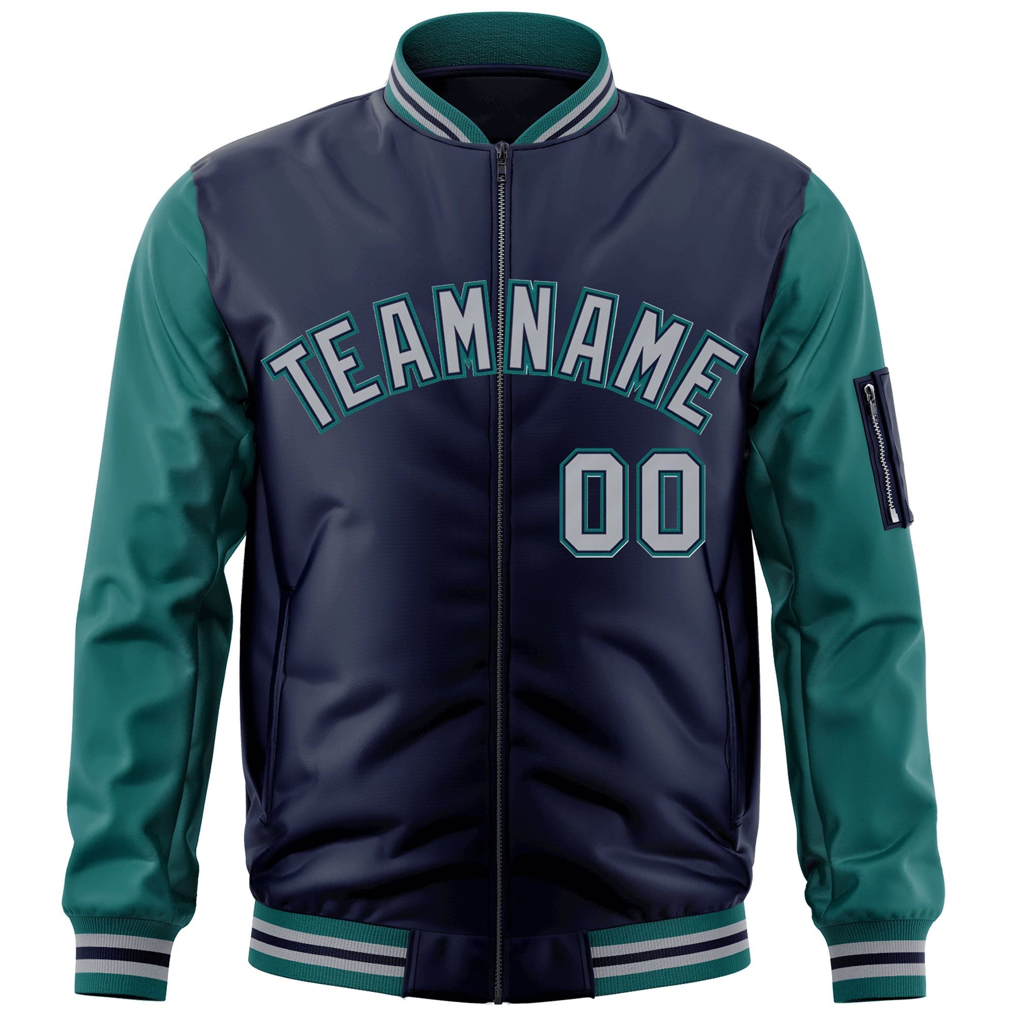 Custom Navy Gray-Aqua Varsity Full-Zip Raglan Sleeves Letterman Bomber Jacket