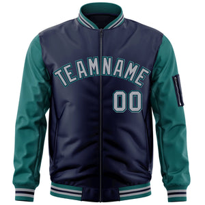 Custom Navy Gray-Aqua Varsity Full-Zip Raglan Sleeves Letterman Bomber Jacket