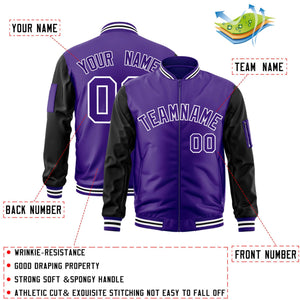 Custom Purple Black-White Varsity Full-Zip Raglan Sleeves Letterman Bomber Jacket