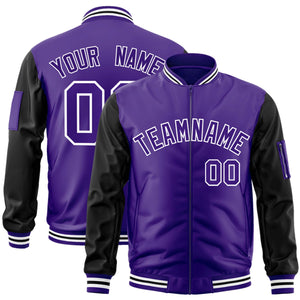 Custom Purple Black-White Varsity Full-Zip Raglan Sleeves Letterman Bomber Jacket