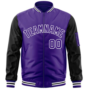 Custom Purple Black-White Varsity Full-Zip Raglan Sleeves Letterman Bomber Jacket