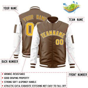 Custom Brown White-Gold Varsity Full-Zip Raglan Sleeves Letterman Bomber Jacket