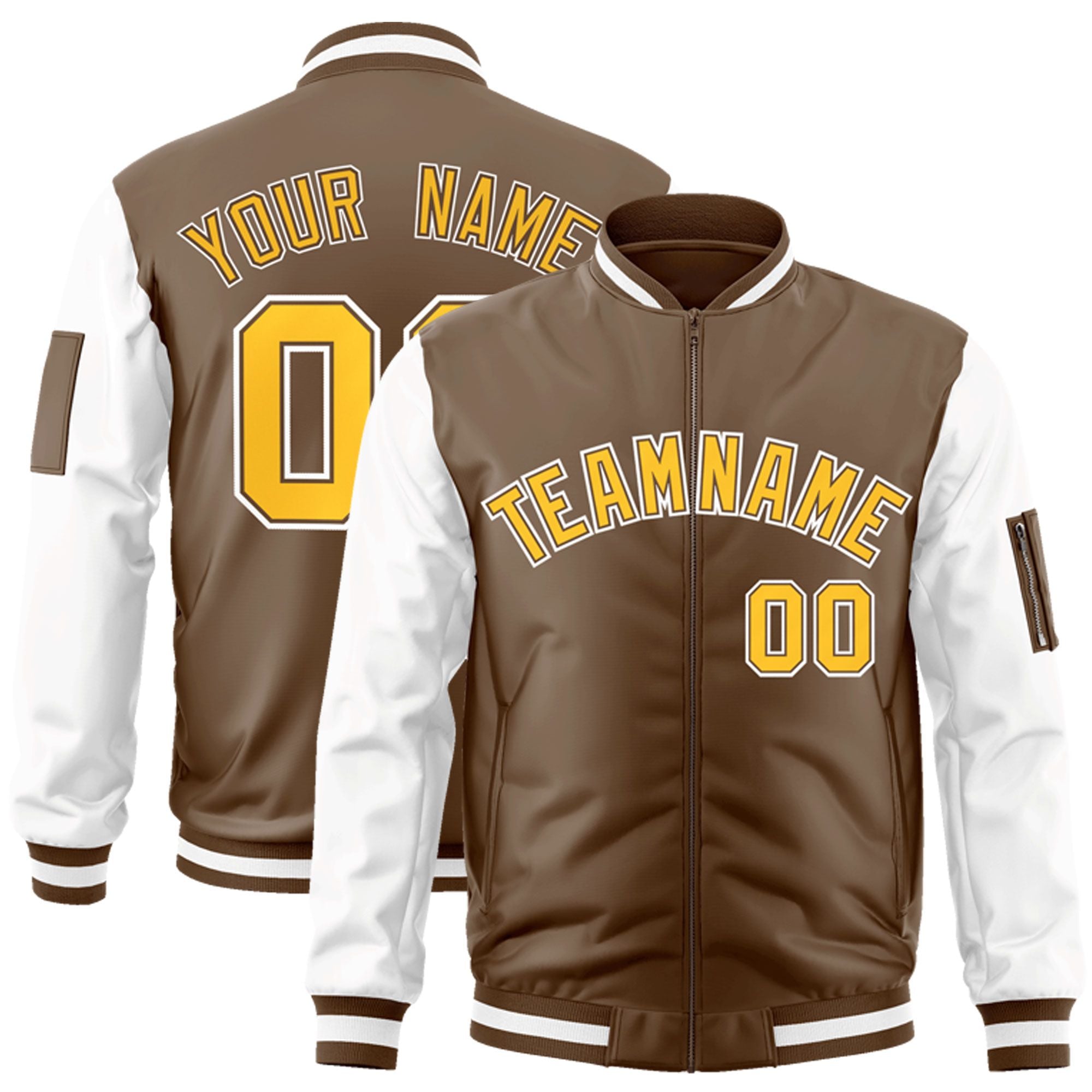 Custom Brown White-Gold Varsity Full-Zip Raglan Sleeves Letterman Bomber Jacket