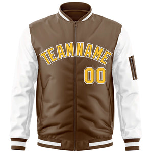 Custom Brown White-Gold Varsity Full-Zip Raglan Sleeves Letterman Bomber Jacket