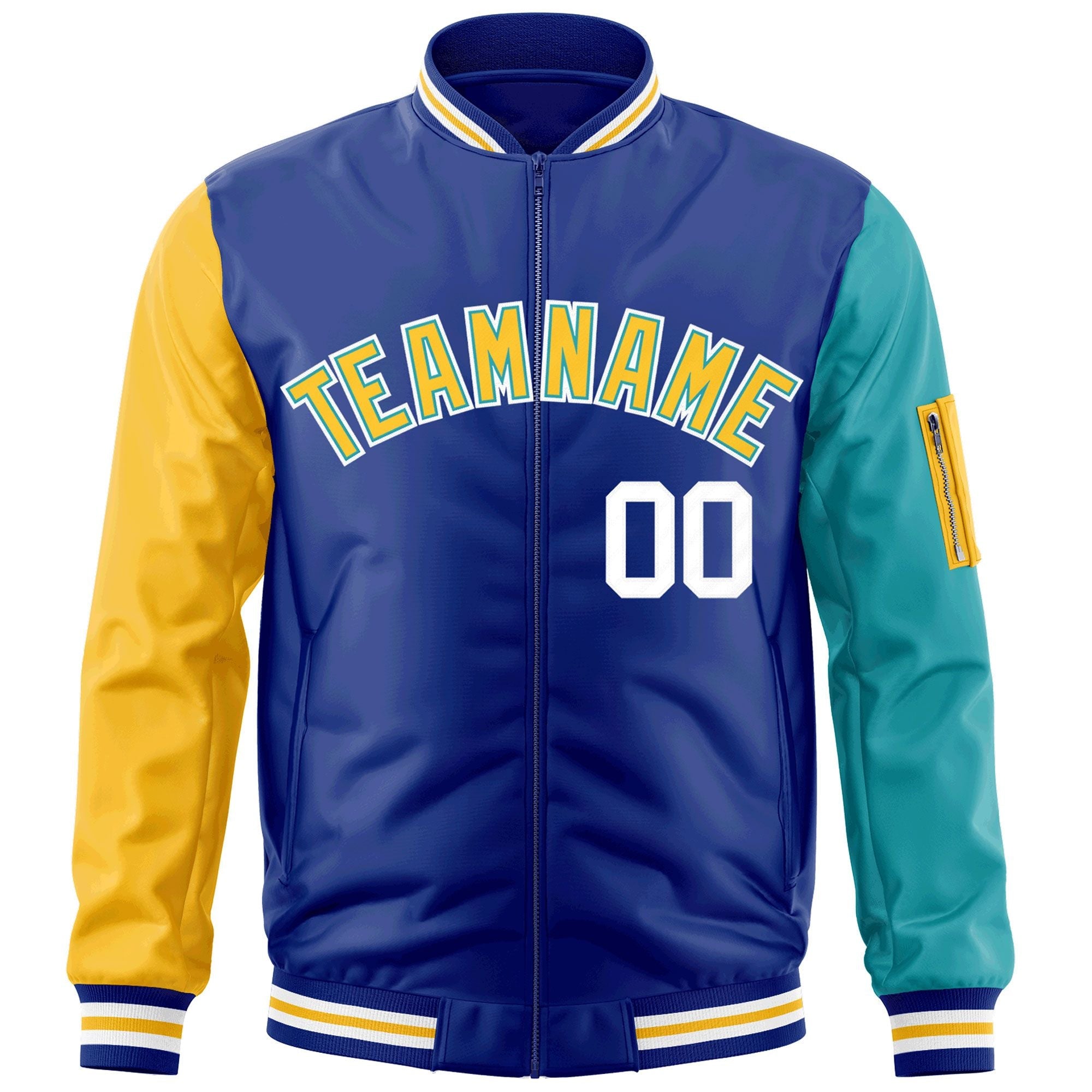 Custom Royal Gold-Aqua Varsity Full-Zip Raglan Sleeves Letterman Bomber Jacket