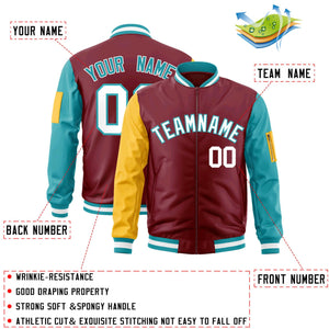 Custom Crimson Gold-Aqua Varsity Full-Zip Raglan Sleeves Letterman Bomber Jacket