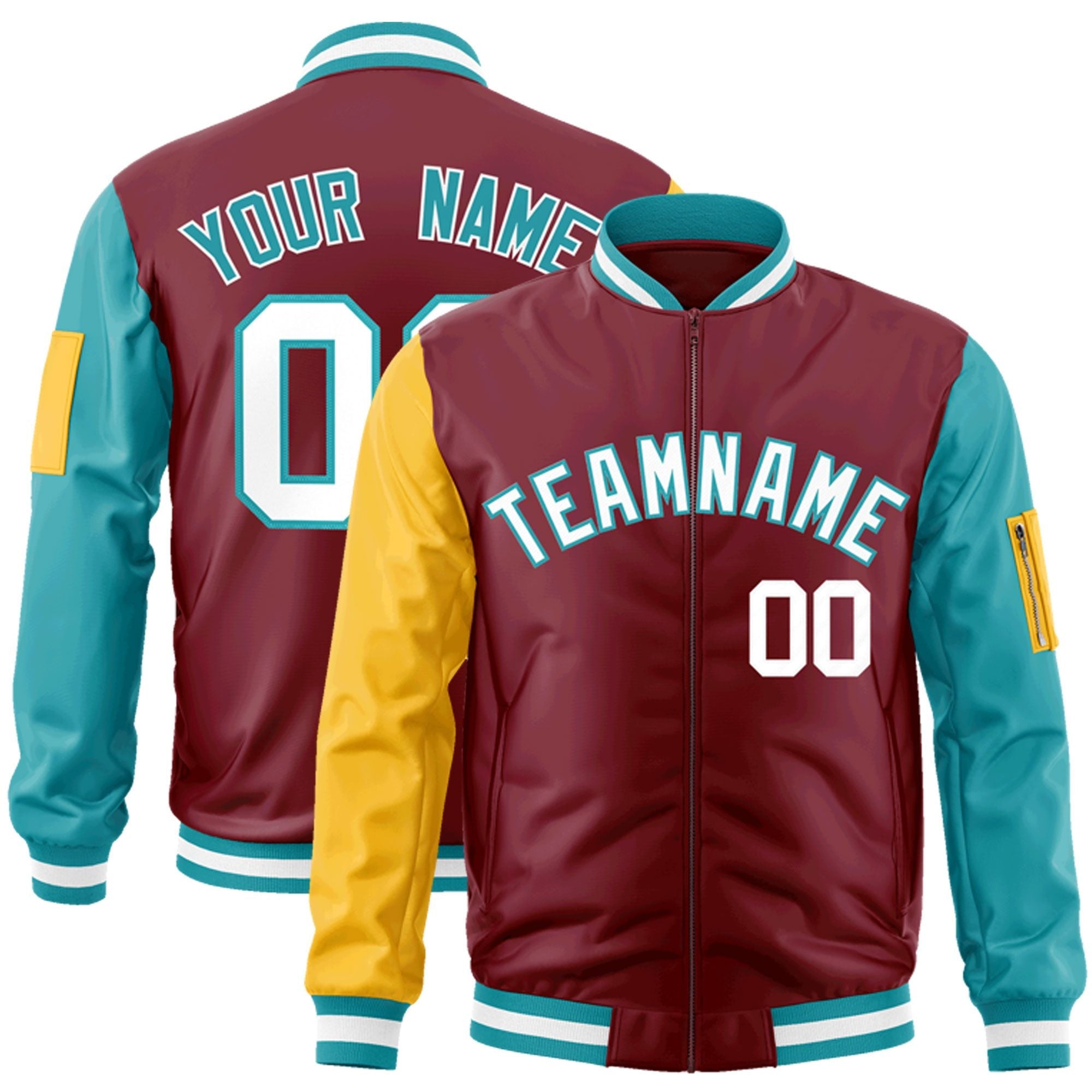 Custom Crimson Gold-Aqua Varsity Full-Zip Raglan Sleeves Letterman Bomber Jacket