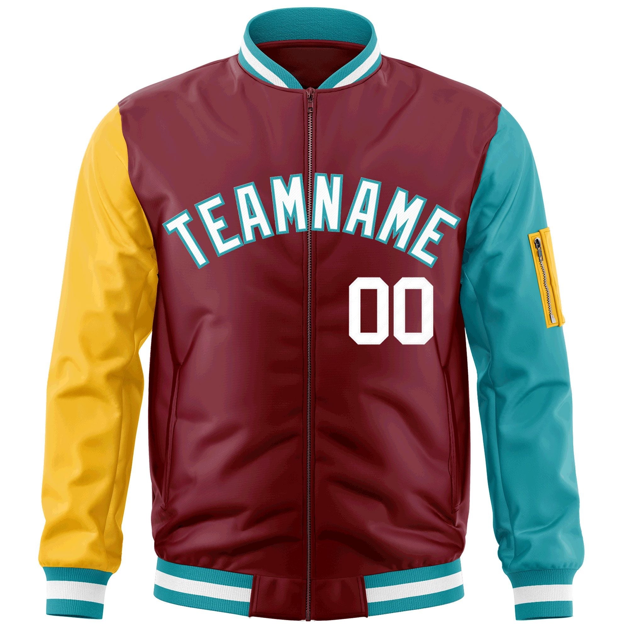 Custom Crimson Gold-Aqua Varsity Full-Zip Raglan Sleeves Letterman Bomber Jacket