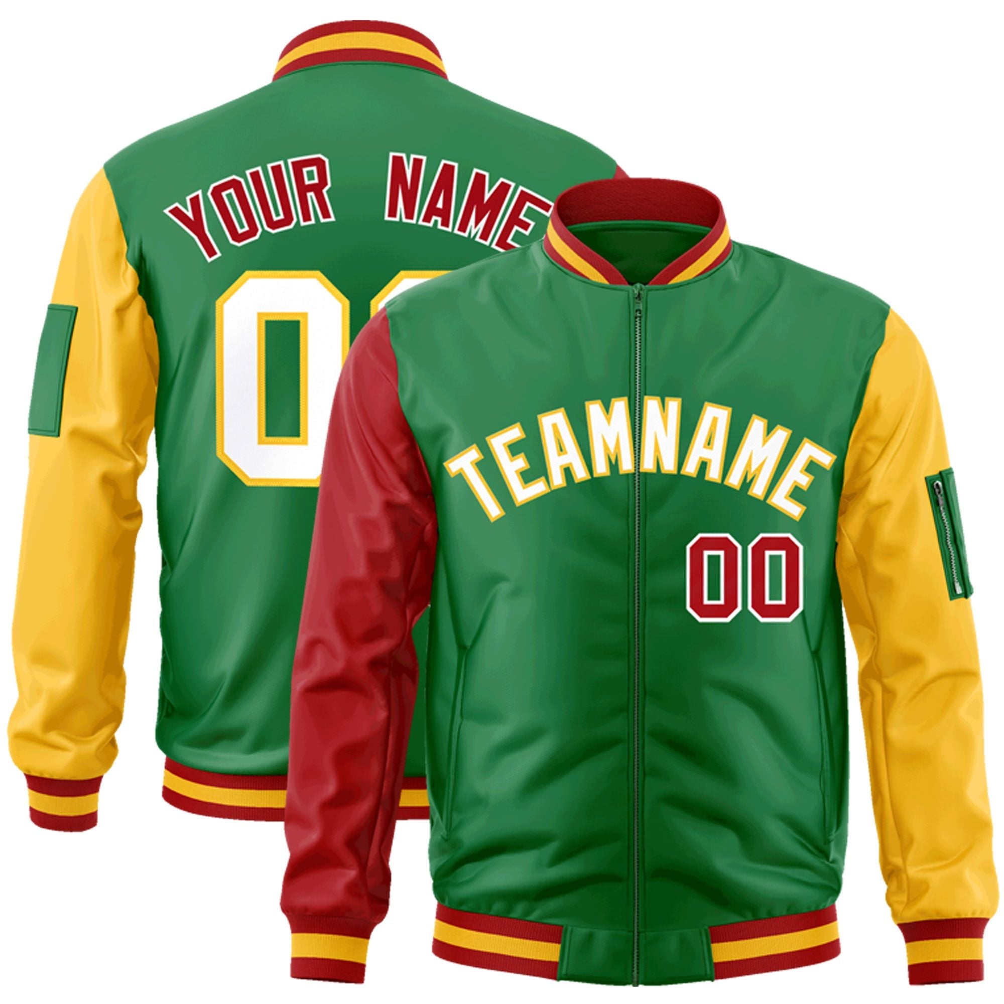 Custom Kelly Green Red-Gold Varsity Full-Zip Raglan Sleeves Letterman Bomber Jacket