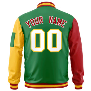 Custom Kelly Green Red-Gold Varsity Full-Zip Raglan Sleeves Letterman Bomber Jacket