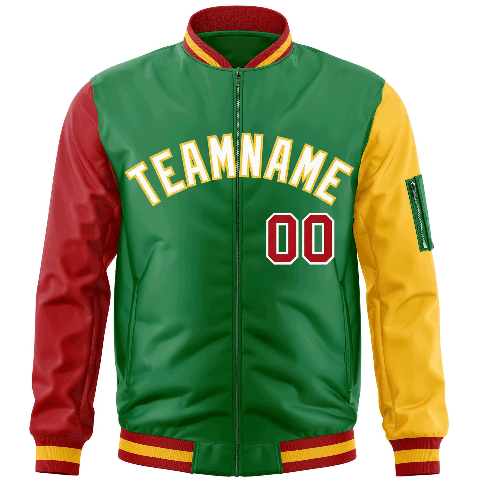 Custom Kelly Green Red-Gold Varsity Full-Zip Raglan Sleeves Letterman Bomber Jacket