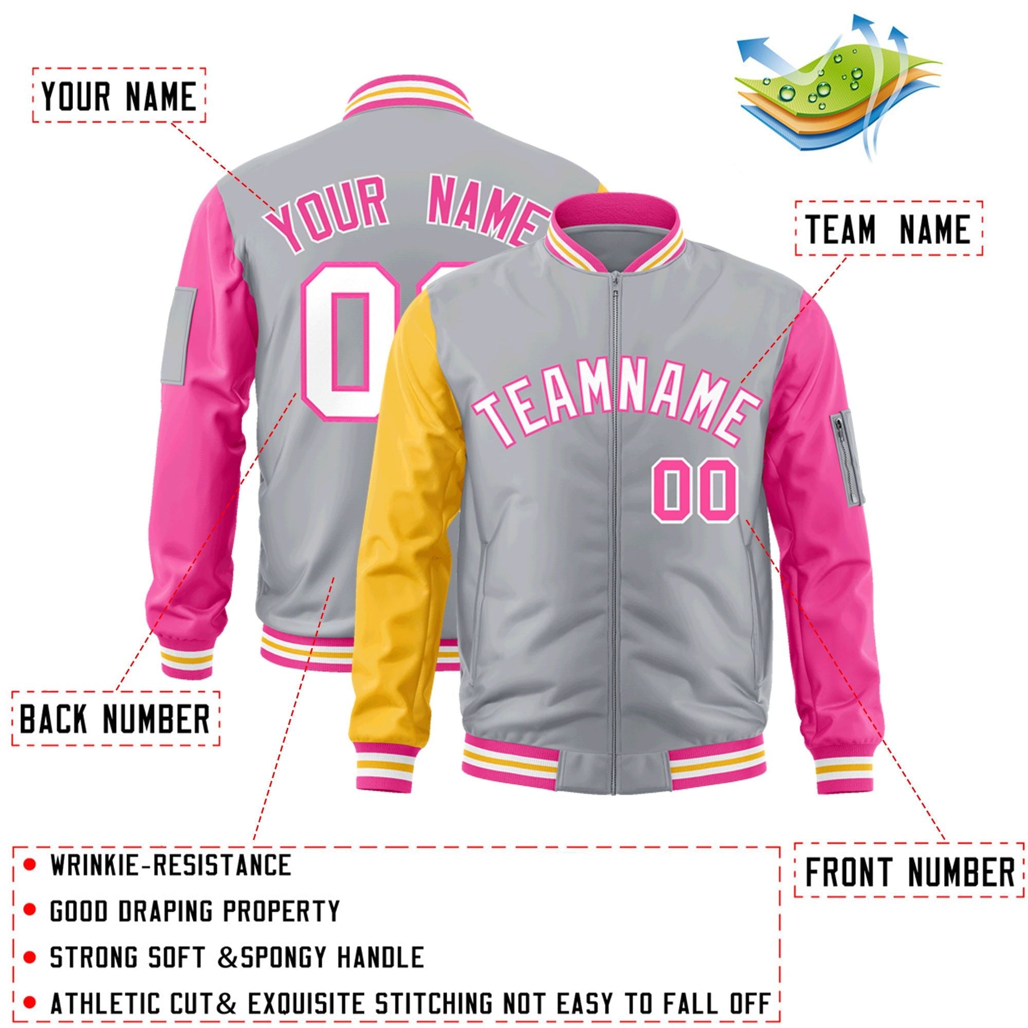 Custom Gray Gold-Pink Varsity Full-Zip Raglan Sleeves Letterman Bomber Jacket