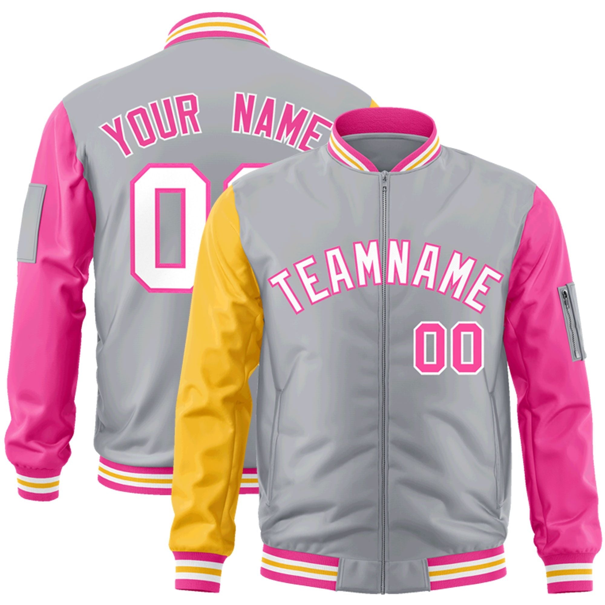 Custom Gray Gold-Pink Varsity Full-Zip Raglan Sleeves Letterman Bomber Jacket