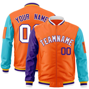 Custom Orange Purple-Aqua Varsity Full-Zip Raglan Sleeves Letterman Bomber Jacket