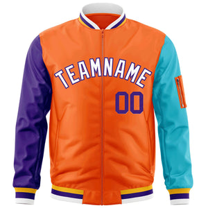 Custom Orange Purple-Aqua Varsity Full-Zip Raglan Sleeves Letterman Bomber Jacket