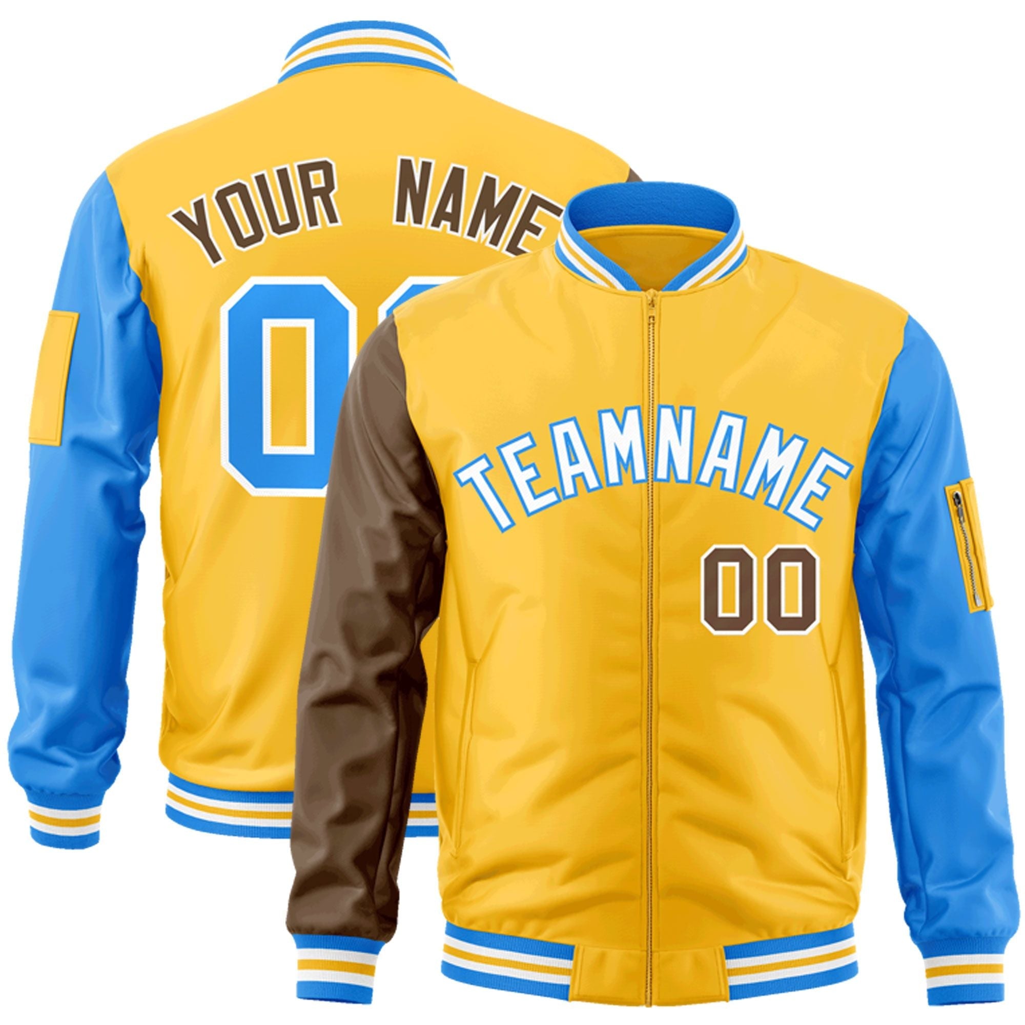 Custom Gold Brown-Powder Blue Varsity Full-Zip Raglan Sleeves Letterman Bomber Jacket