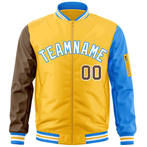 Custom Gold Brown-Powder Blue Varsity Full-Zip Raglan Sleeves Letterman Bomber Jacket