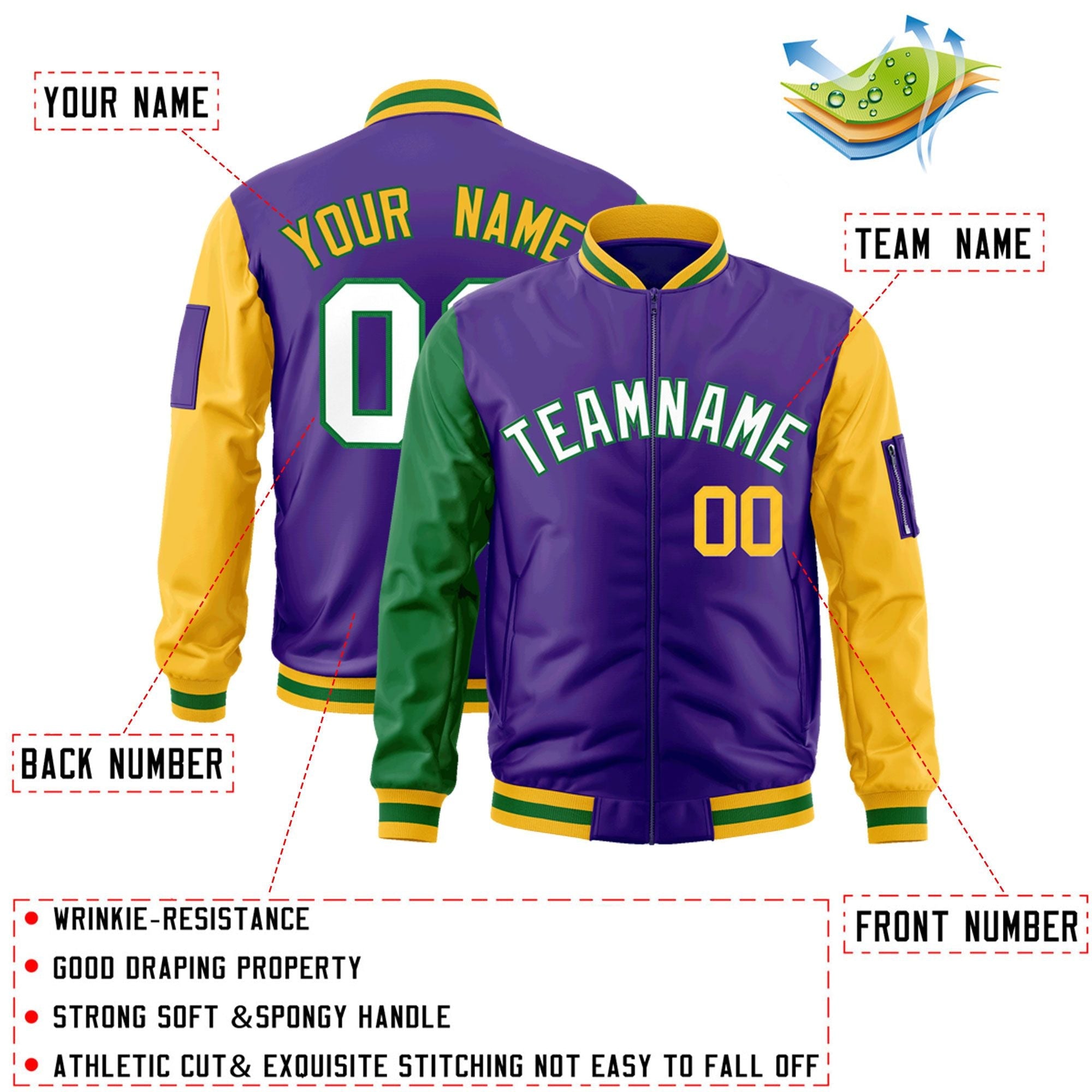 Custom Purple Kelly Green-Gold Varsity Full-Zip Raglan Sleeves Letterman Bomber Jacket