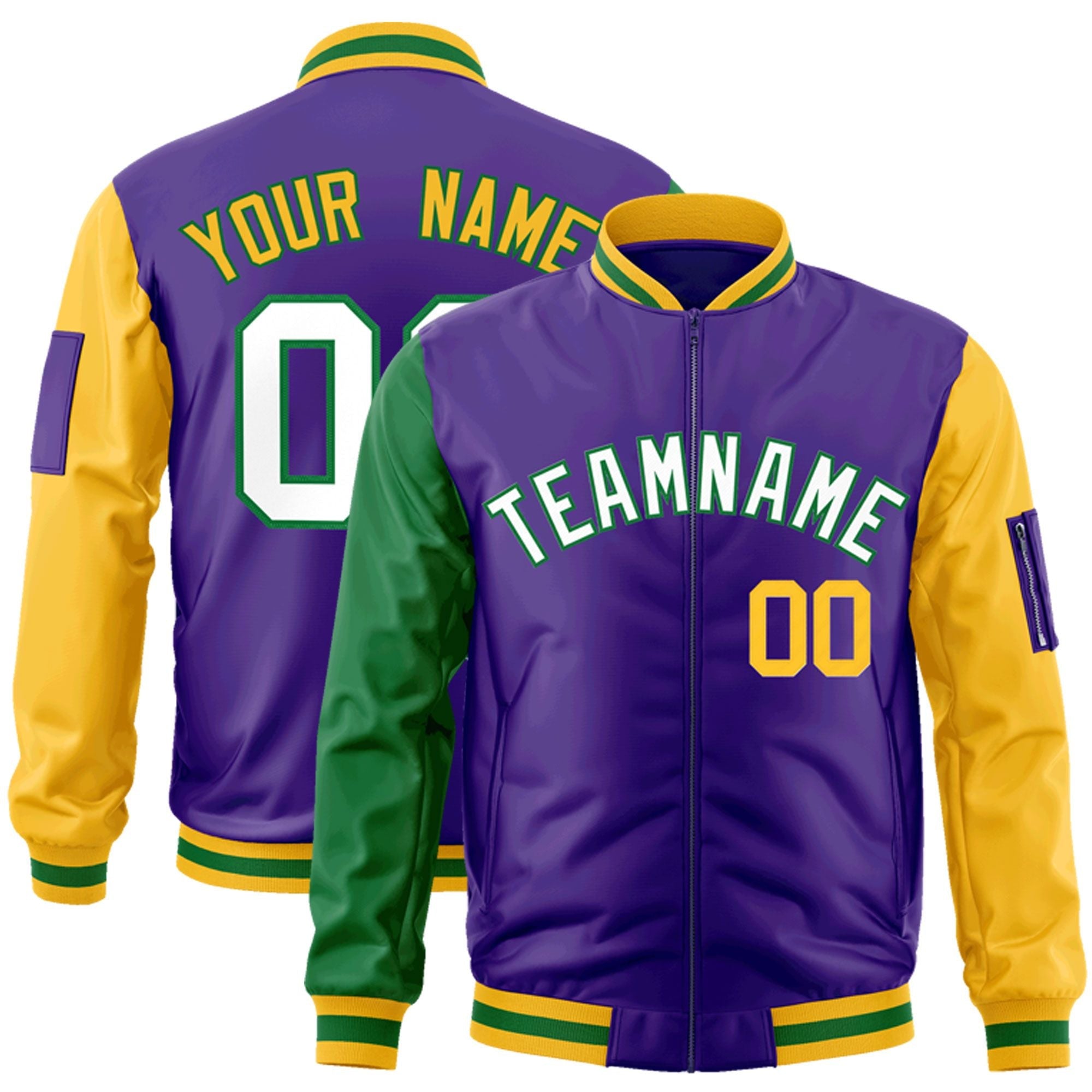 Custom Purple Kelly Green-Gold Varsity Full-Zip Raglan Sleeves Letterman Bomber Jacket