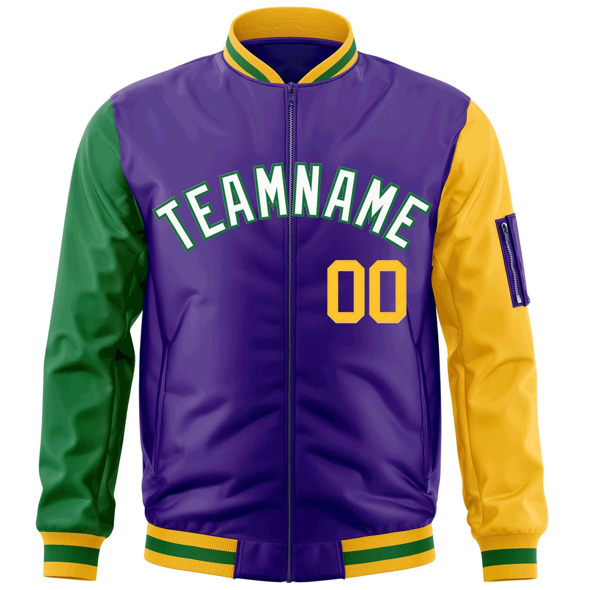 Custom Purple Kelly Green-Gold Varsity Full-Zip Raglan Sleeves Letterman Bomber Jacket