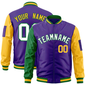 Custom Purple Kelly Green-Gold Varsity Full-Zip Raglan Sleeves Letterman Bomber Jacket