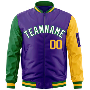 Custom Purple Kelly Green-Gold Varsity Full-Zip Raglan Sleeves Letterman Bomber Jacket