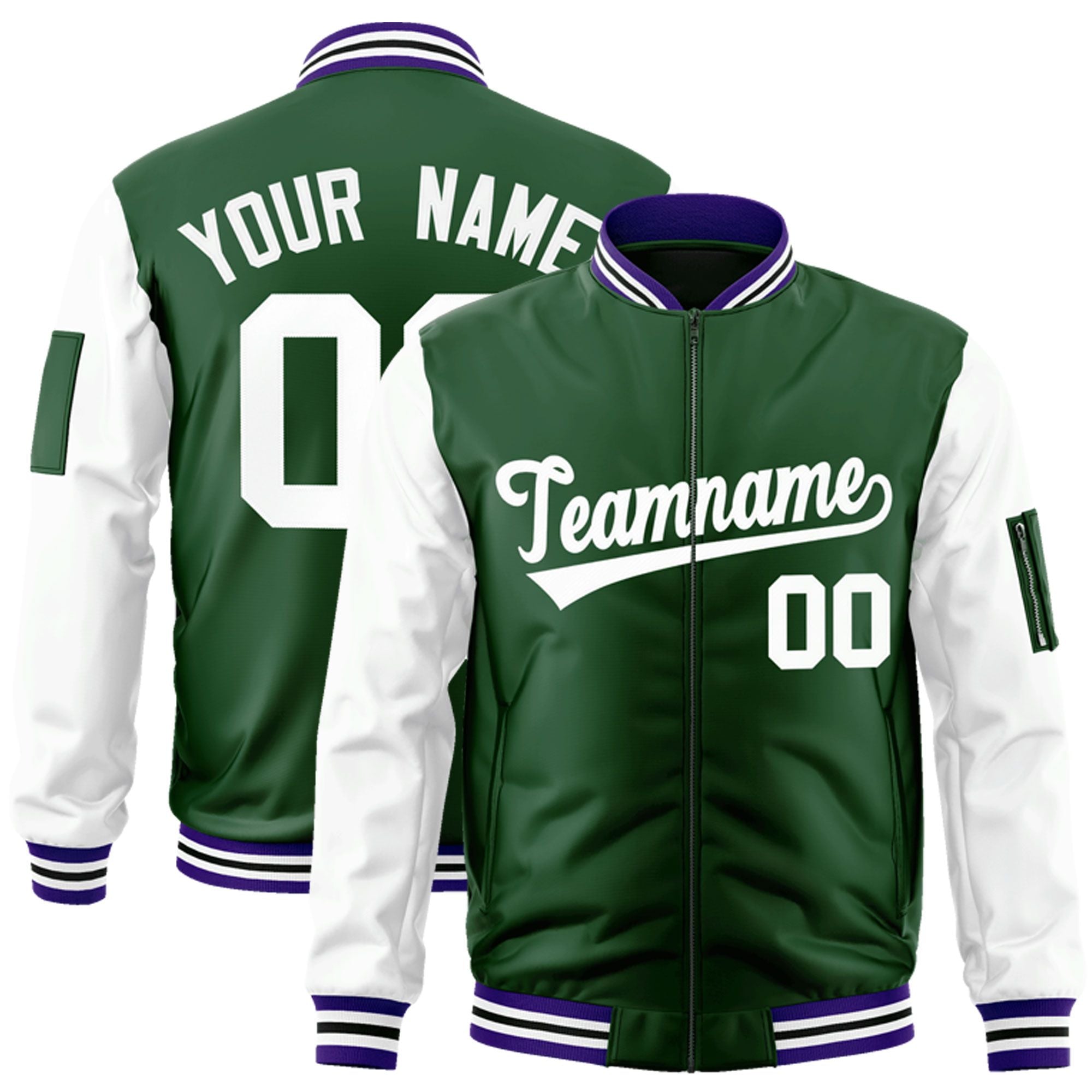 Custom Green-White Varsity Full-Zip Raglan Sleeves Letterman Bomber Jacket