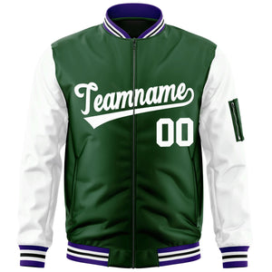 Custom Green-White Varsity Full-Zip Raglan Sleeves Letterman Bomber Jacket