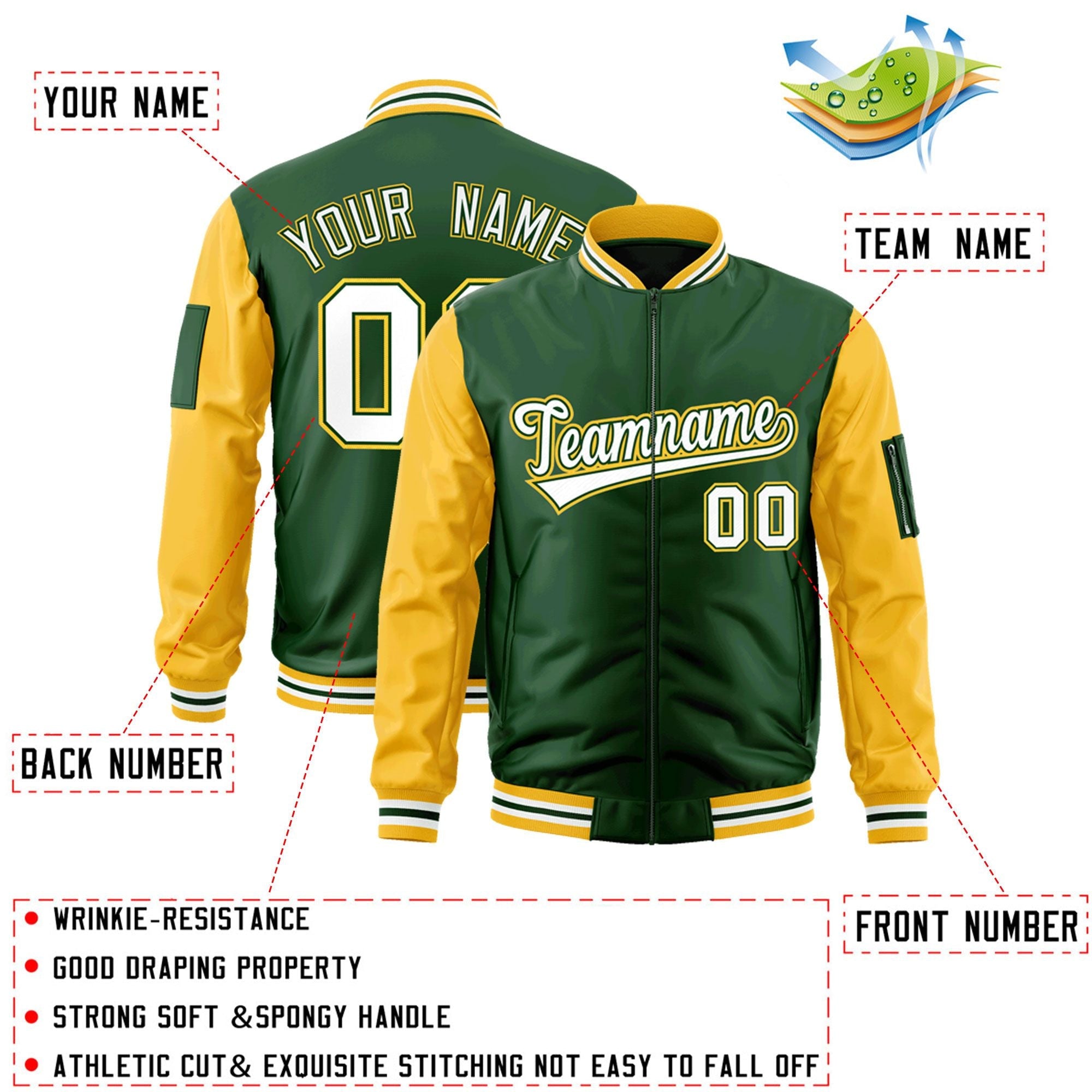 Custom Green White-Gold Varsity Full-Zip Raglan Sleeves Letterman Bomber Jacket