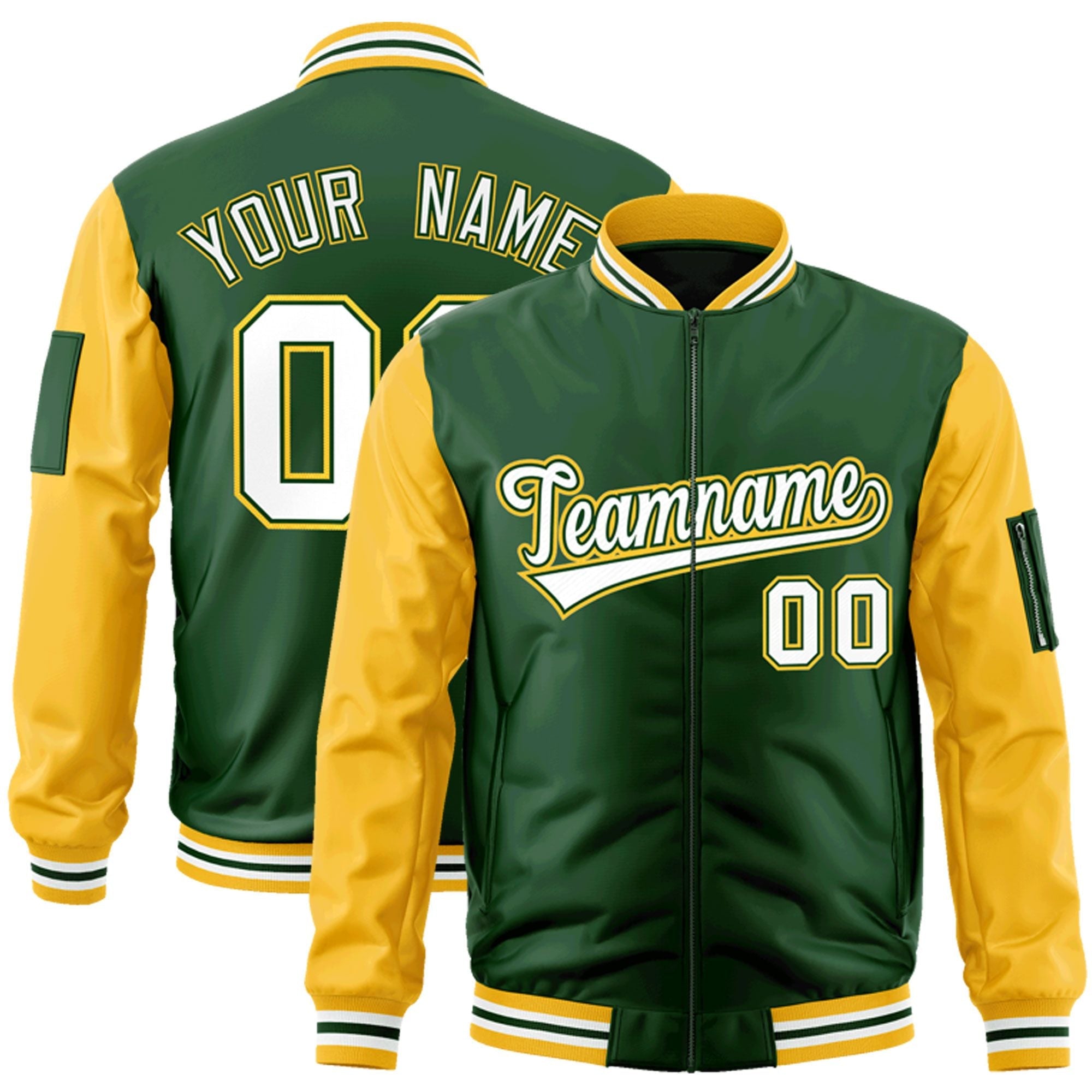 Custom Green White-Gold Varsity Full-Zip Raglan Sleeves Letterman Bomber Jacket