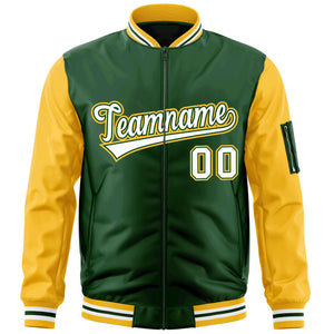 Custom Green White-Gold Varsity Full-Zip Raglan Sleeves Letterman Bomber Jacket