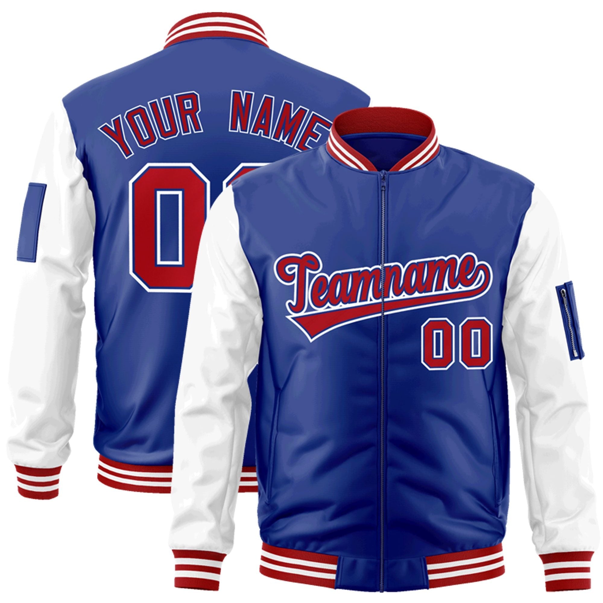 Custom Royal Red-White Varsity Full-Zip Raglan Sleeves Letterman Bomber Jacket