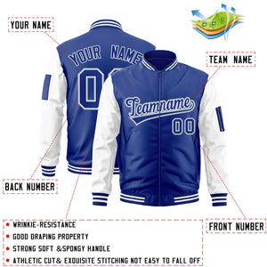 Custom Royal White-Gray Varsity Full-Zip Raglan Sleeves Letterman Bomber Jacket