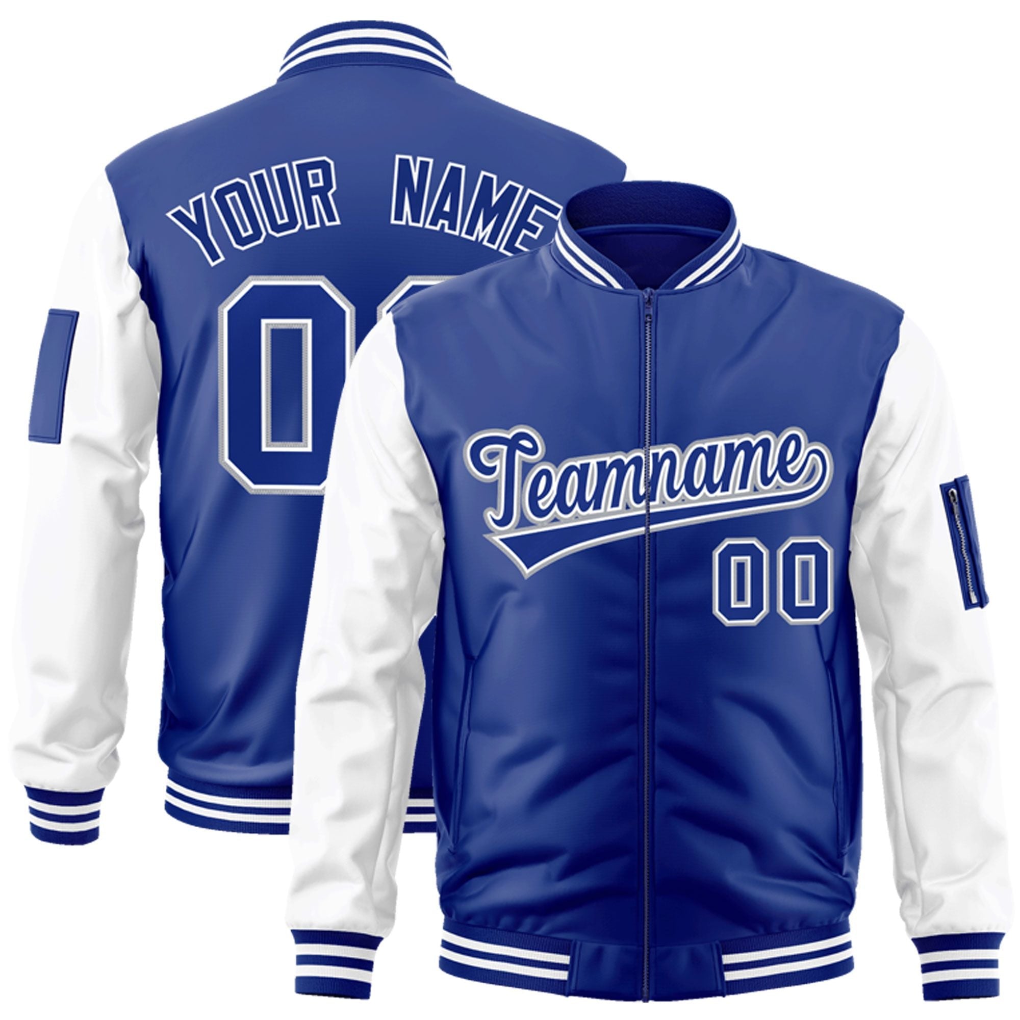 Custom Royal White-Gray Varsity Full-Zip Raglan Sleeves Letterman Bomber Jacket