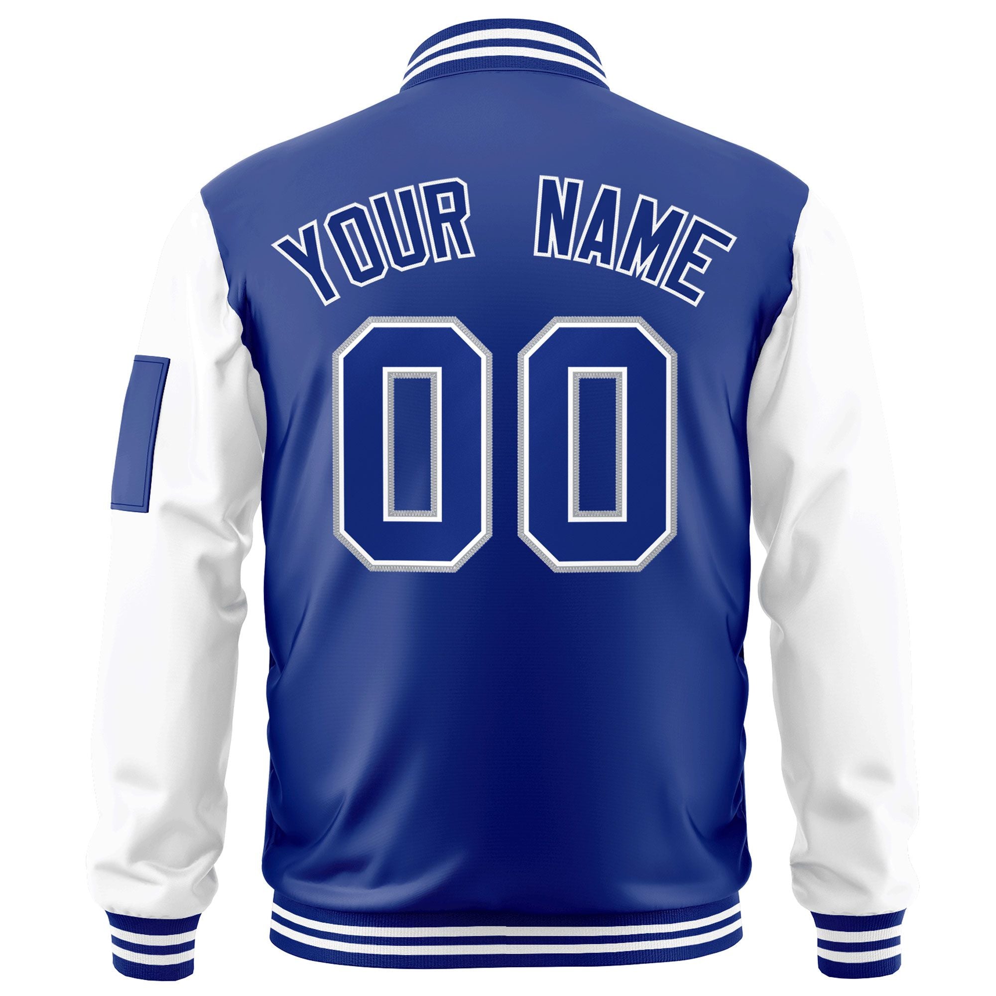 Custom Royal White-Gray Varsity Full-Zip Raglan Sleeves Letterman Bomber Jacket