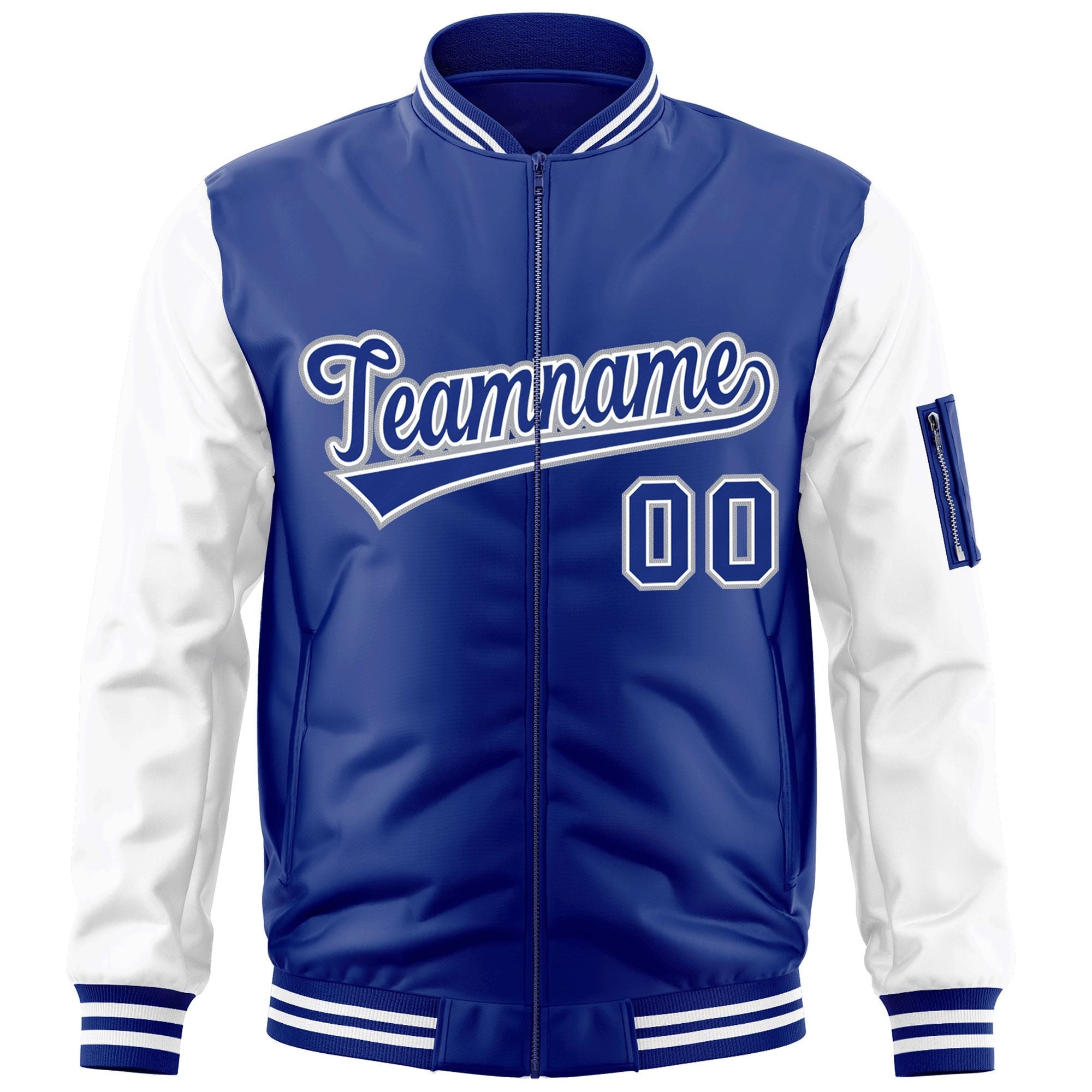 Custom Royal White-Gray Varsity Full-Zip Raglan Sleeves Letterman Bomber Jacket