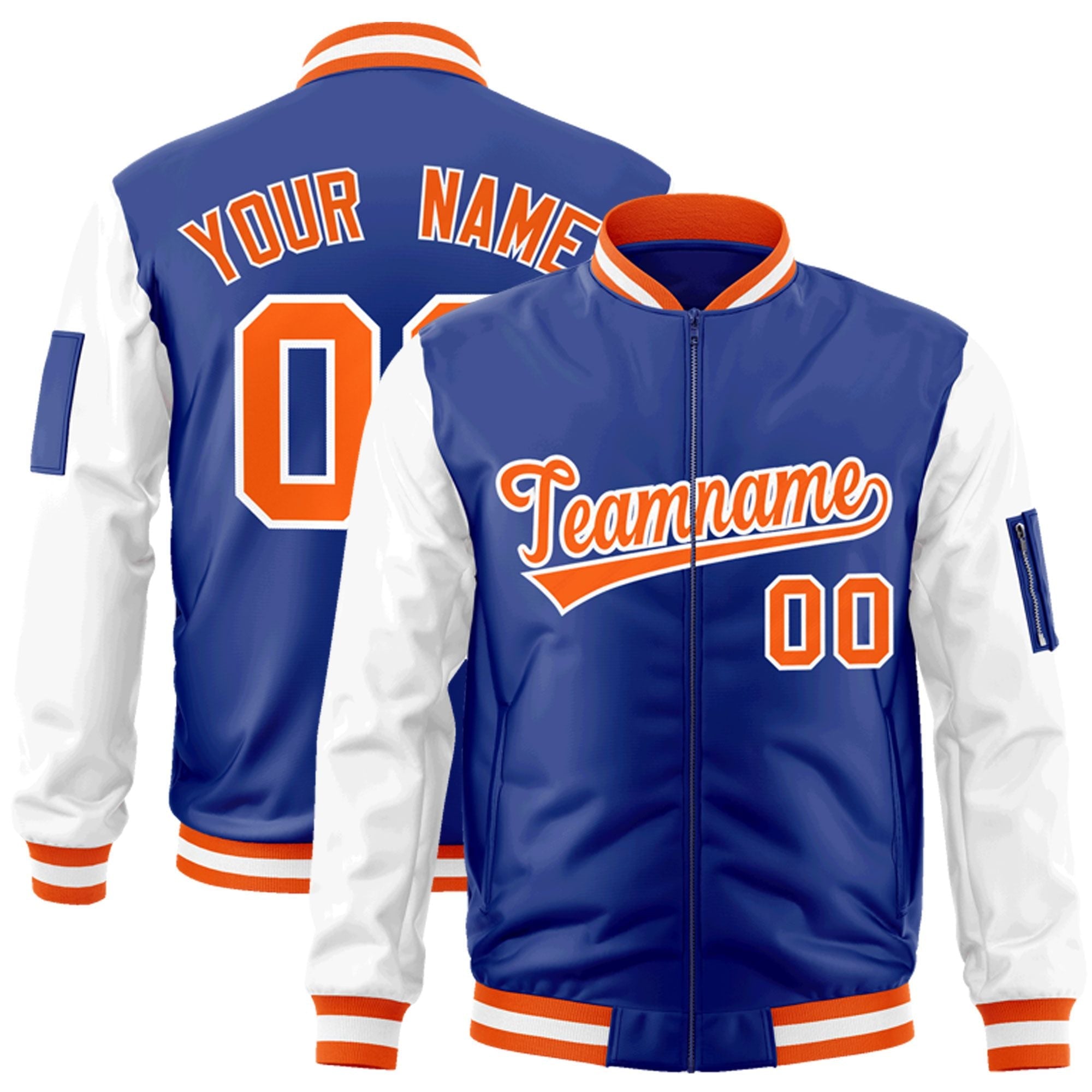 Custom Royal Orange-White Varsity Full-Zip Raglan Sleeves Letterman Bomber Jacket