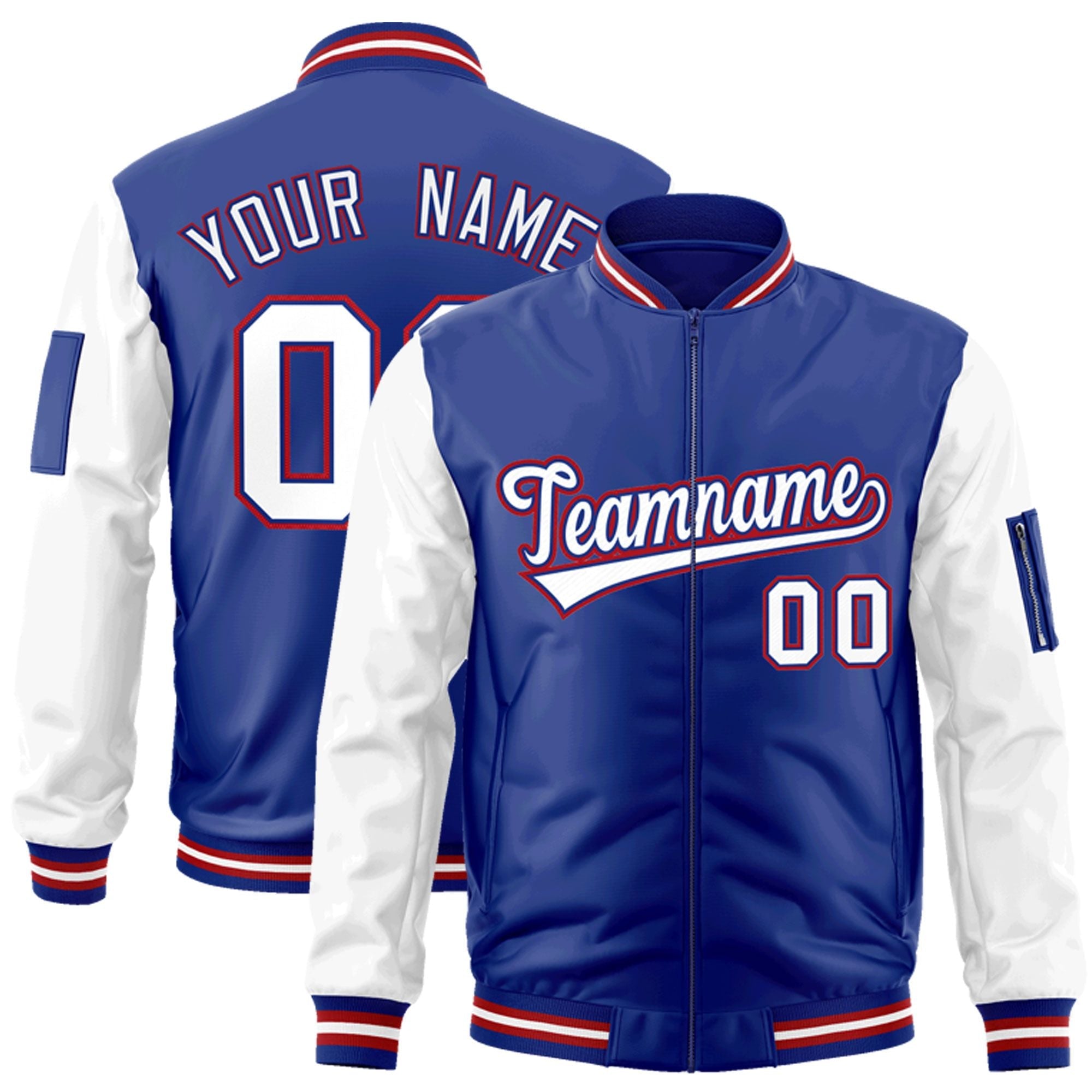 Custom Royal White-Red Varsity Full-Zip Raglan Sleeves Letterman Bomber Jacket