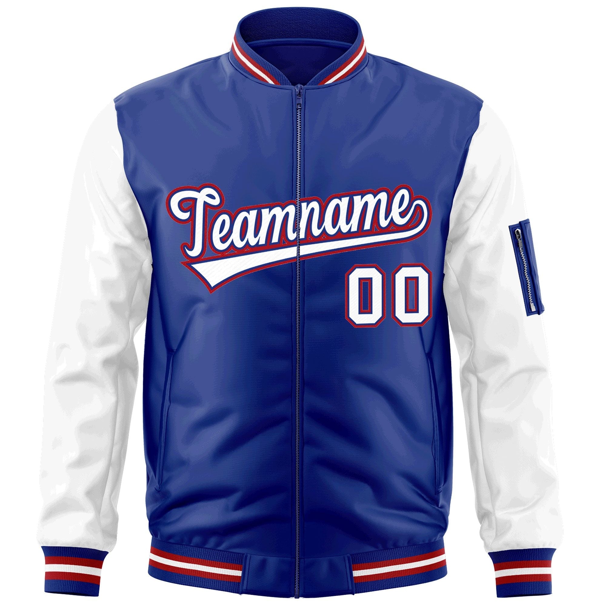 Custom Royal White-Red Varsity Full-Zip Raglan Sleeves Letterman Bomber Jacket