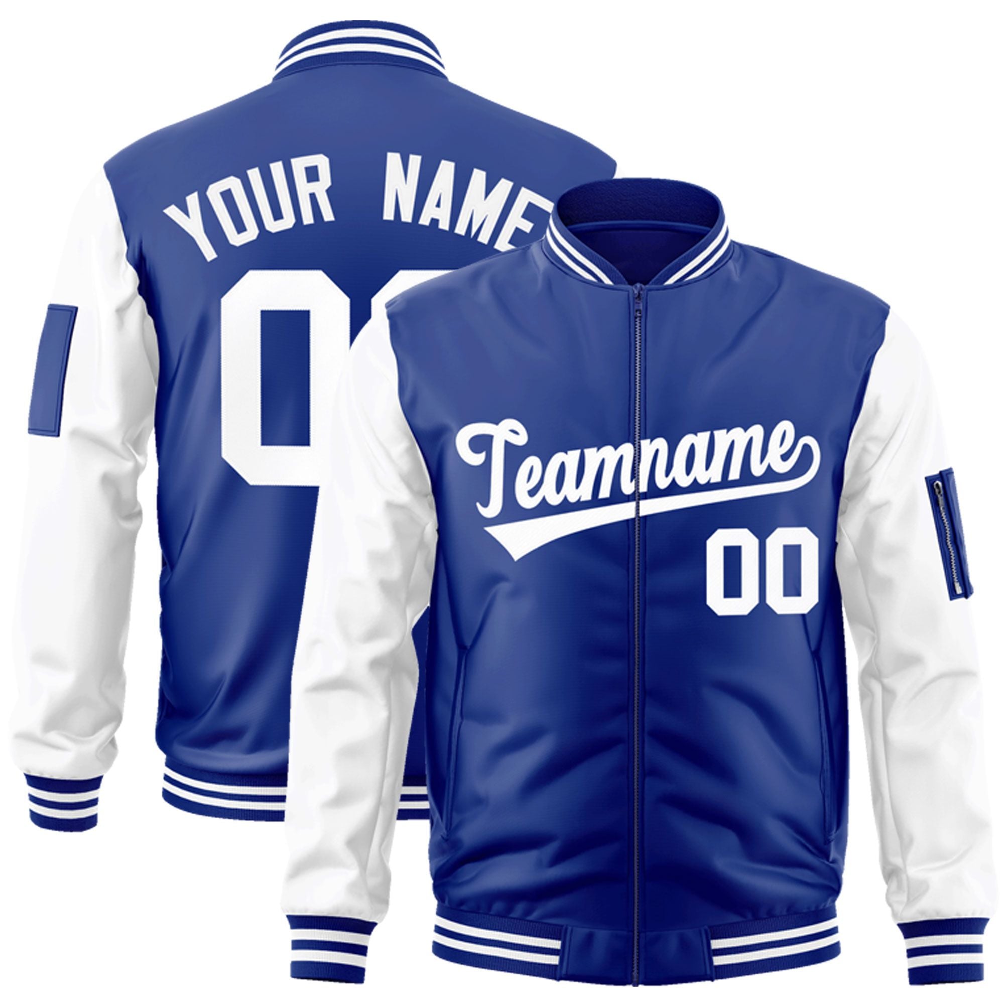 Custom Royal White Varsity Full-Zip Raglan Sleeves Letterman Bomber Jacket